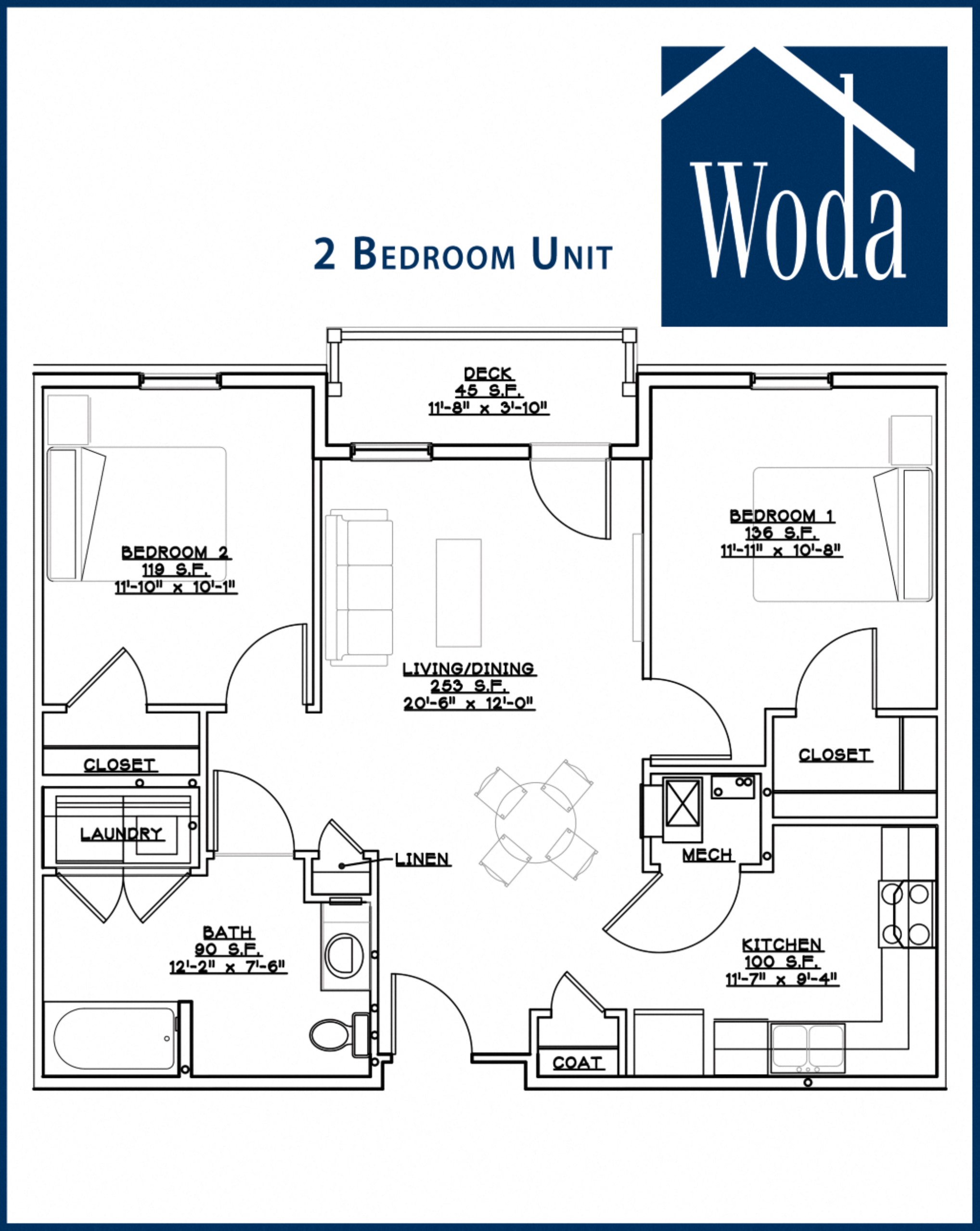 Floor plan for 2 beds, 1 bath, 861 sqft